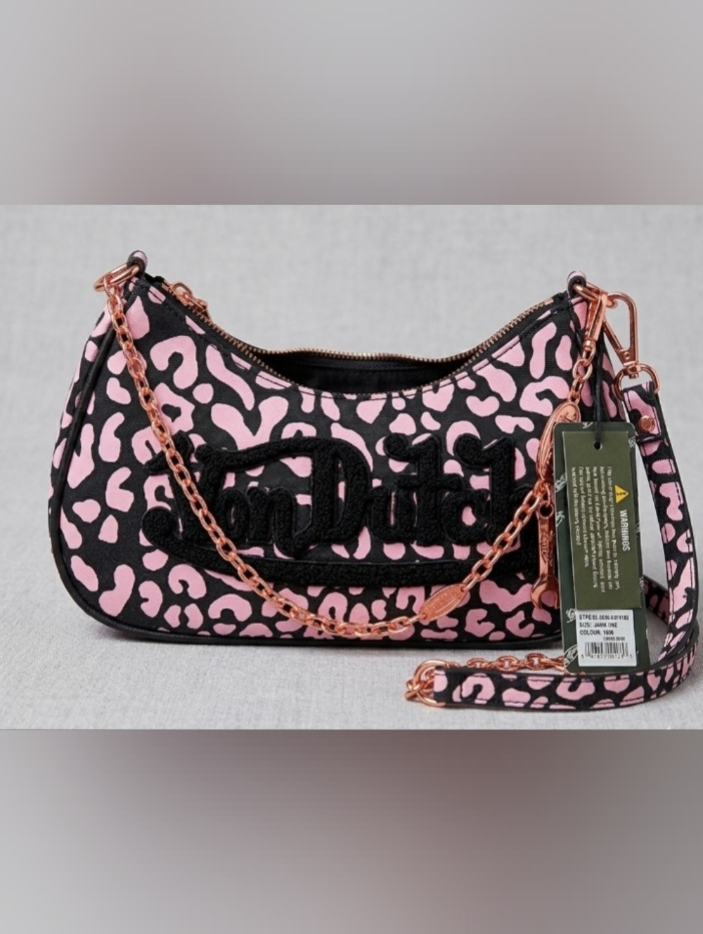 NWT Von Dutch Pink and Black Leopard-Print Shoulder Bag with Rose Gold Chain